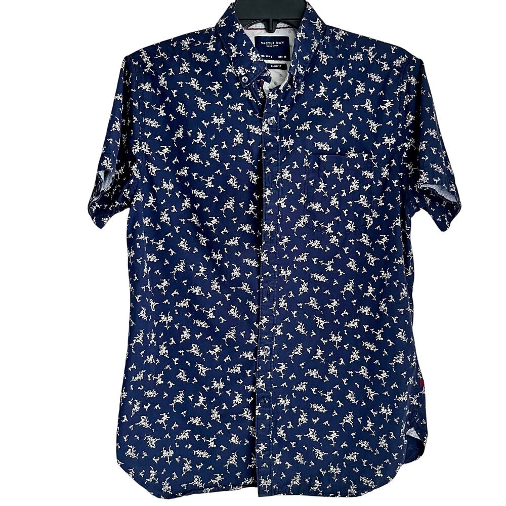 Cactus Man Ricky Singh Floral‎ Button-Up Collar Shirt SZ S Navy Cream Slim Fit
